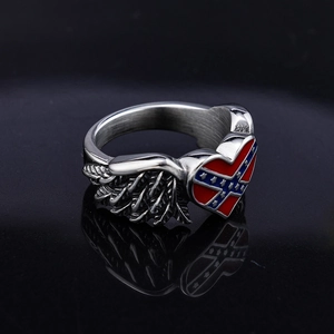Vintage stainless steel heart ring with American flag design and feather detail