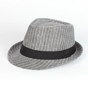 Side view of grey striped cotton fedora hat with a black decorative ribbon band