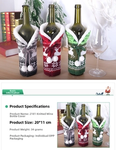 Detail of knitted Christmas wine bottle covers with reindeer patterns and fur collars