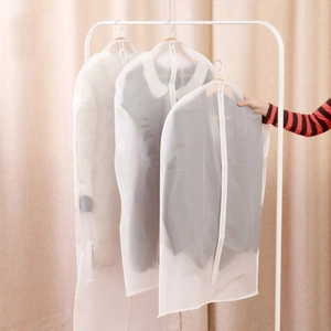 Translucent PEVA garment covers in three sizes showing clothes on a white rack