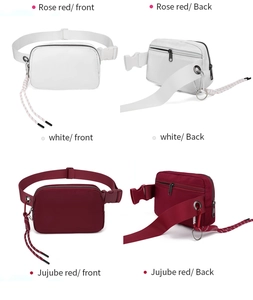 Dual view of white and jujube red waterproof nylon belt bags with adjustable straps