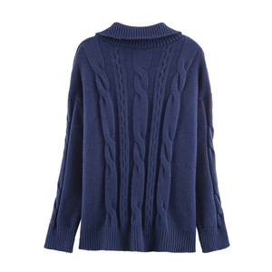 Navy blue cable knit polo sweater with classic turtleneck and ribbed details in flat lay