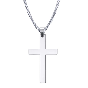Minimalist silver stainless steel cross pendant necklace for men with polished finish