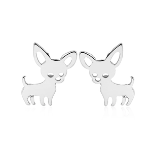 Minimalist silver chihuahua dog stud earrings in stainless steel on white background