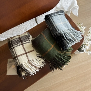 Plaid cashmere feel scarves with tassels in beige, dark green and blue-black colors