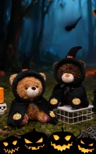 Detail of plush Halloween teddy bear wearing a wizard hat and pumpkin embroidered cloak