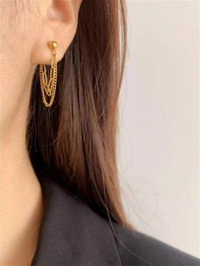 Detailed view of titanium steel gold tassel chain earrings worn on female ear