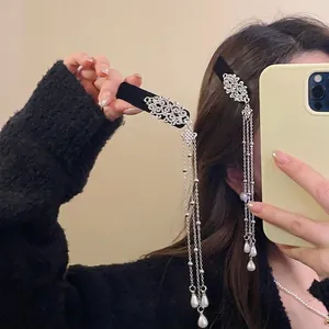 Vintage Long Tassel Hair Clip Alloy Rhinestone Flocked Hollow Chinese Knot With Faux Artificial Pearl Elegant Hairpins For Women