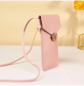 Pink faux leather vertical phone crossbody bag with a golden metal buckle and thin strap