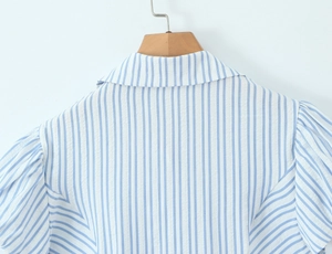 Detail view of lapel collar and blue striped texture on casual short-sleeve top