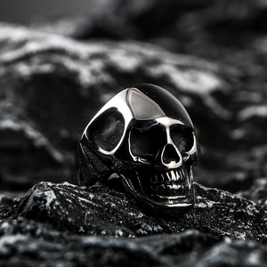 Vintage punk skull ring for men in gunmetal finish with gothic rock style aesthetic