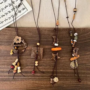 Ethnic style flower wooden bead tassel necklace set for women with retro pendants