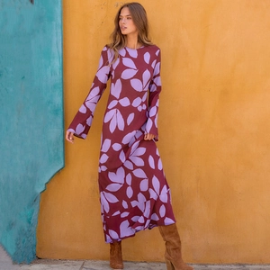 Robe Maxi Pour Femmes Imprimé Feuilles De Fleurs Col Rond Manches Longues Coupe Ajustée Élégante Manches Trompette Tenue De Vacances