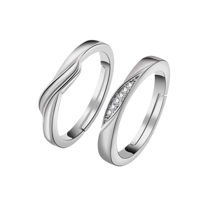Elegant adjustable silver Mobius couple rings set with shimmering zircon stones