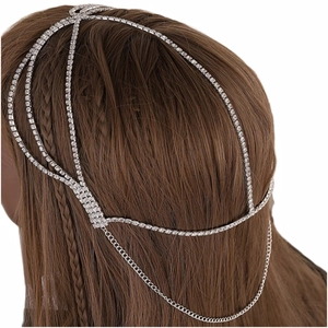 Bohemian multi-layer silver rhinestone head chain with tassel details on a white background
