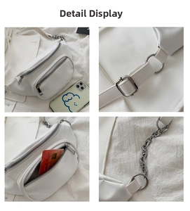 Detailed views of a white fashion waist bag showing multi-layered zippers and silver metal chains