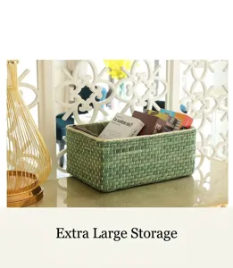 Vue détaillée du panier de rangement tissé extra large en osier vert et beige