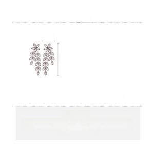 Macro view of long zircon leaf drop earrings with silver pins and product dimensions