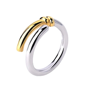 Minimalist S925 sterling silver two-tone twist rope open ring with golden nail design