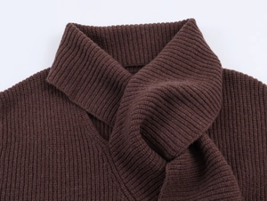 Detailed close-up of dark brown ribbed knit sweater collar showing thick wool texture