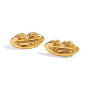 Detailed view of polished gold lip-shaped earrings with textured stainless steel design