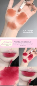 Macro shot of matte lip mud swatches in orange and rose tones with sponge applicator