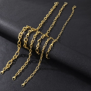 Detailed close-up of gold stainless steel link chains in three different widths with lobster clasps