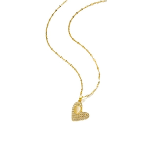 Golden heart necklace with micro-pave crystals and oval opal stone on white background