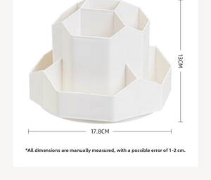 Rotating desktop organizer detail showing 13cm height and 17.8cm width dimensions