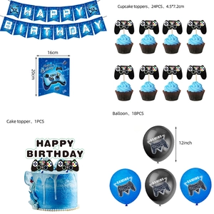 Blue game on party set including banner, cupcake toppers, and gaming balloons