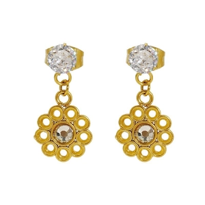 Golden titanium steel drop earrings with hollow floral design and clear zircon stones