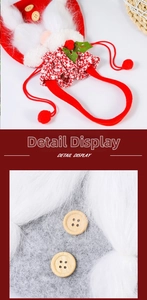 Detail of red plush Christmas gift bag with white faux fur trim and rustic wooden button