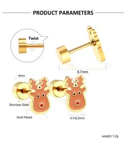 Macro detail of golden stainless steel reindeer earrings with precise dimensions