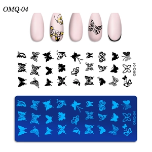 Detail view of OMQ-04 nail stamping plate featuring various elegant butterfly patterns
