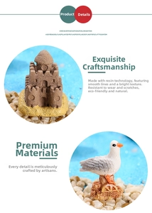 Detail view of resin sandcastle and bird figurine with realistic textures for aquariums