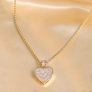 Hiphop iced out heart pendant necklace with gold plated brass and sparkling cubic zirconia