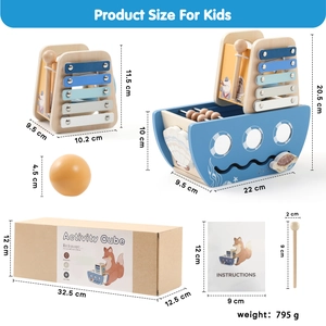 Detailed size chart of wooden activity cube boat and xylophone set with dimensions and weight