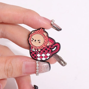 Cute cartoon lion in a pink plaid teacup metal enamel brooch pin for accessory decoration