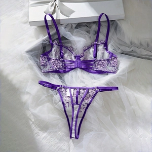 Detailed view of dark purple lace lingerie set with floral embroidery and mesh texture