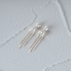 Macro shot of S925 silver fringe earrings featuring sparkling marquise cubic zirconia