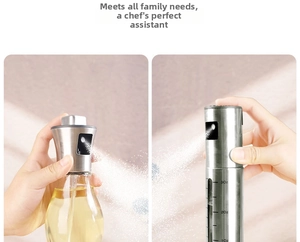Dual-style kitchen oil sprayers showing glass and stainless steel bottles with scale markings