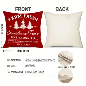 Detail view of red Christmas linen pillowcase showing invisible zipper and 45x45cm dimensions