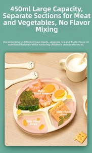 Detail of partitioned baby food tray with 450ml capacity and matching cat-shaped spoon