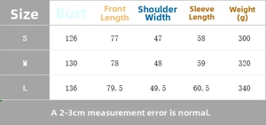 Detailed size chart for striped poplin shirt with bust and length measurements
