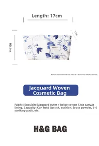 Détail de la trousse à maquillage jacquard fleuri avec dimensions 17x12x4cm et doublure