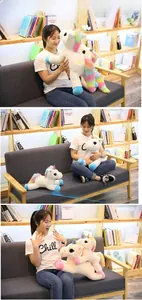 Rainbow unicorn plush toy shown in various sizes used as a soft comfort pillow