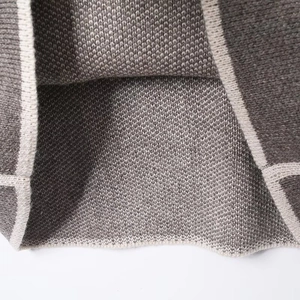 Close-up of the high-density knit texture in brown and beige stripe contrast