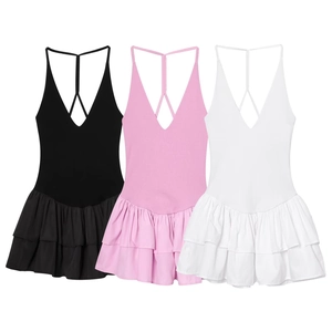 Women Polyester Mini Dress Spaghetti Strap V Neck Backless Tiered Ruffle Sleeveless Solid Color Elegant