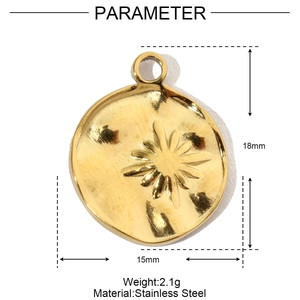 Detail showing dimensions of a 15mm gold-plated stainless steel sunburst pendant