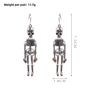Detailed view of punk skeleton dangle earrings with 7.2cm length and 1.8cm width specs